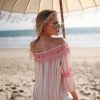 Striped Off Shoulder Top With Lace Trim 3/4